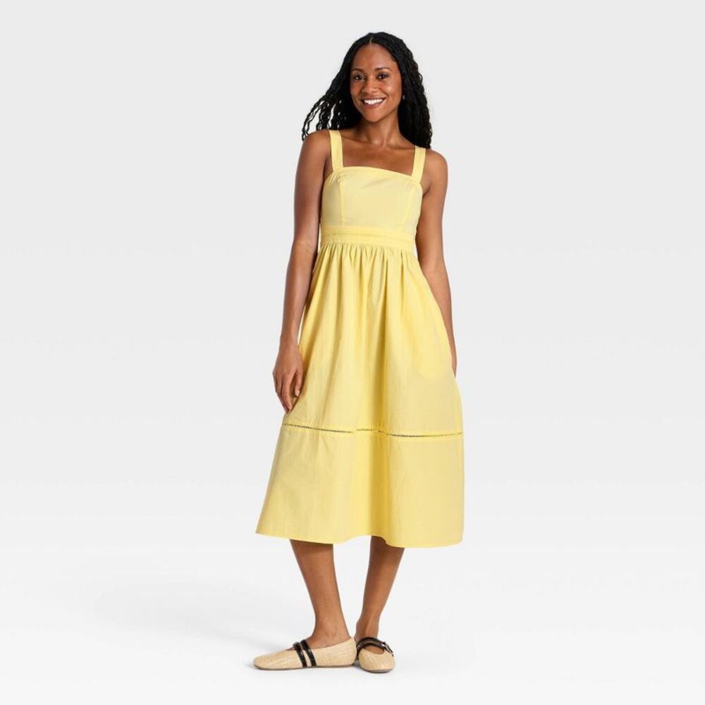 Women's Smocked Poplin Midi Dress - A New Day Yellow S